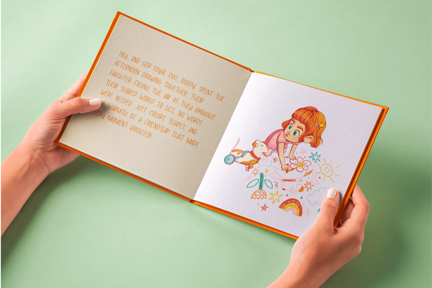 Children's book spread mockup with the drawing girl — illustration by Lizy Del Busto